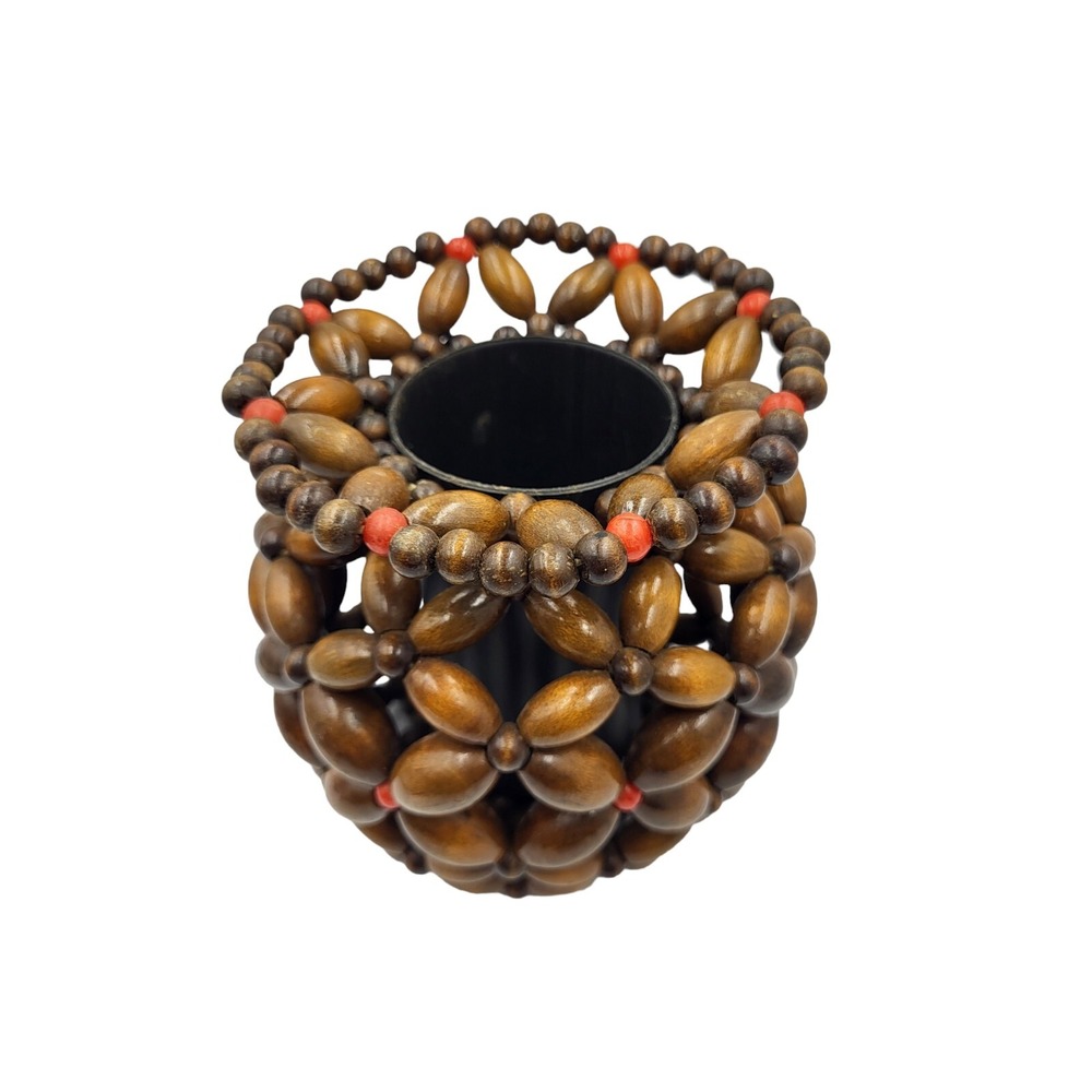 Wood Bead Flower Planter Vase w/ Insert Vintage 70s Mid‎ Century Modern Boho
